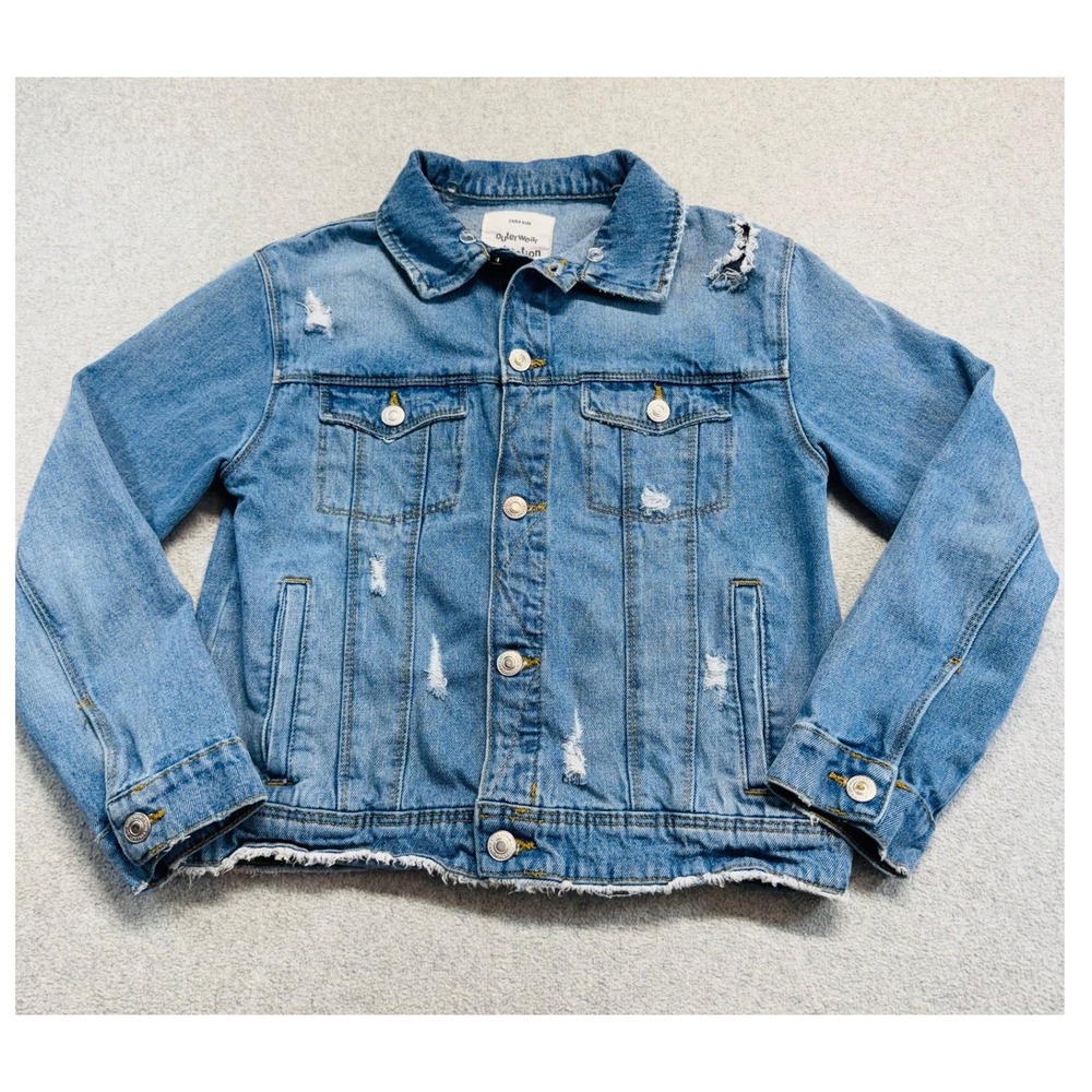 Zara Denim Jacket Kids Size 11-12 Blue Distressed Raw Hem Outerwear Trucker